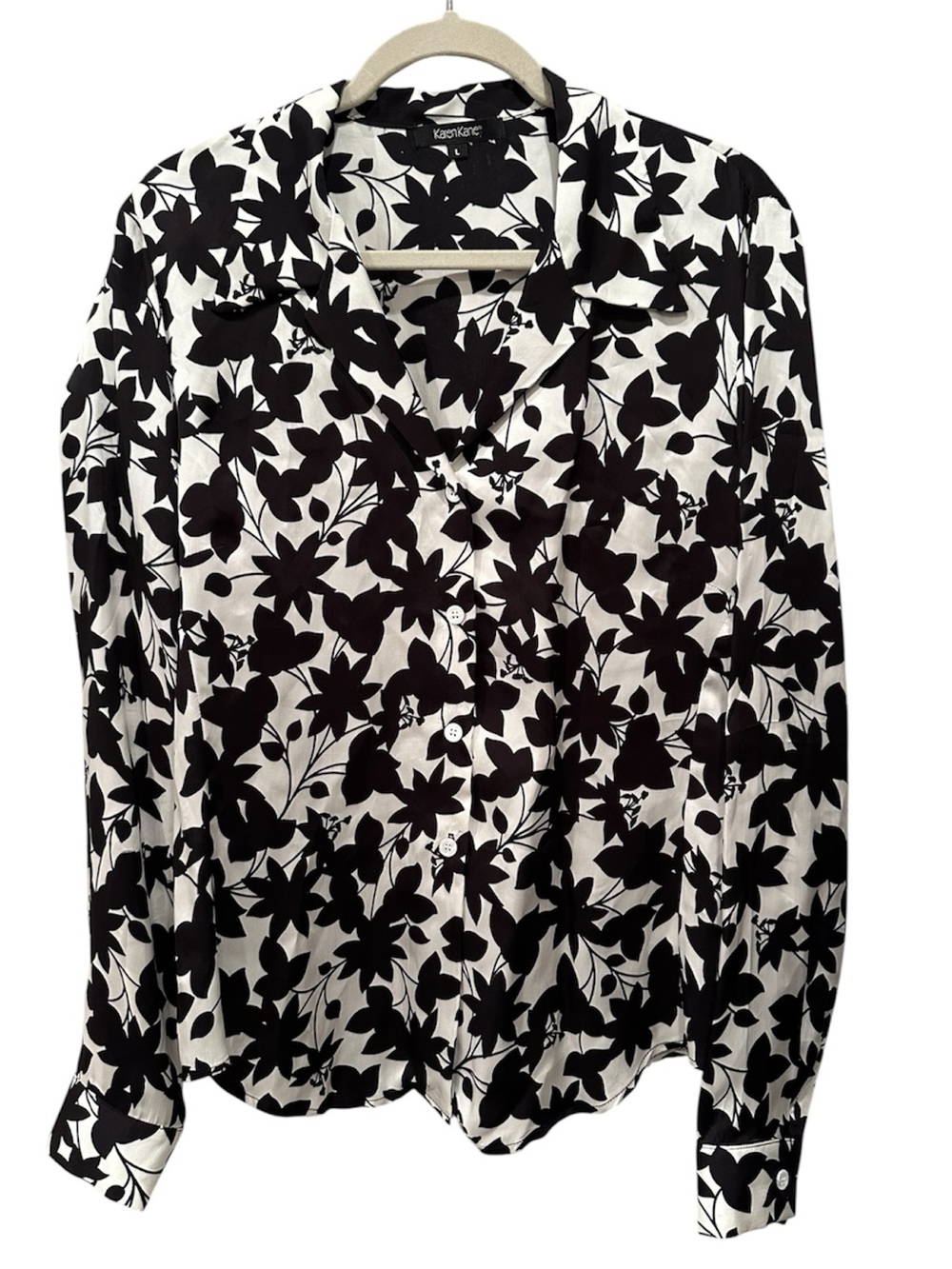 Karen Kane Black & White Floral Button-Up Blouse Career Office Sz L